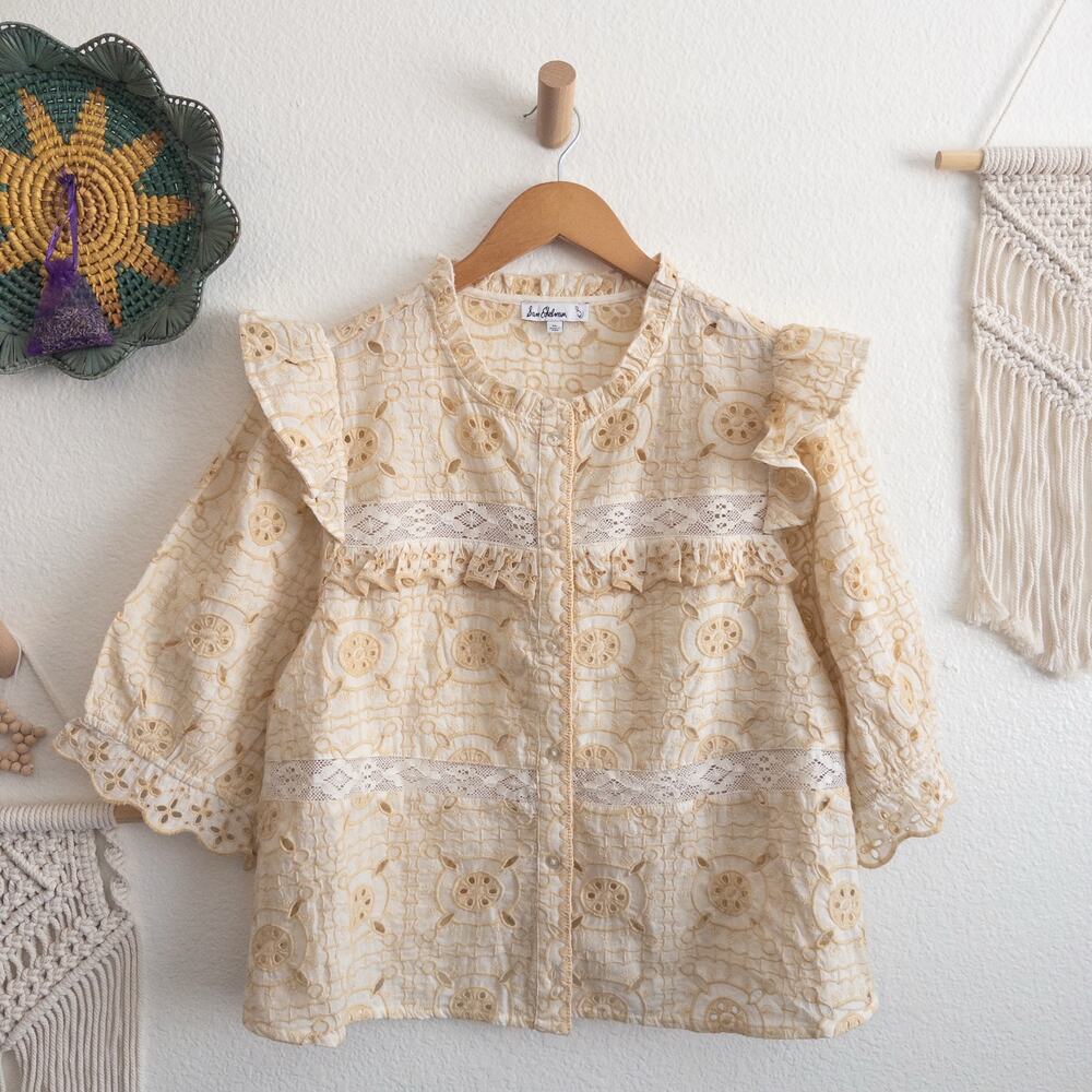 Sam Edelman Cream and Beige Ruffle Eyelet Button Down Blouse Size XL